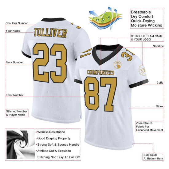 Maillot de football authentique personnalisé en maille blanc vieil or et noir Maillot de football authentique personnalisé en maille blanc vieil or et noir